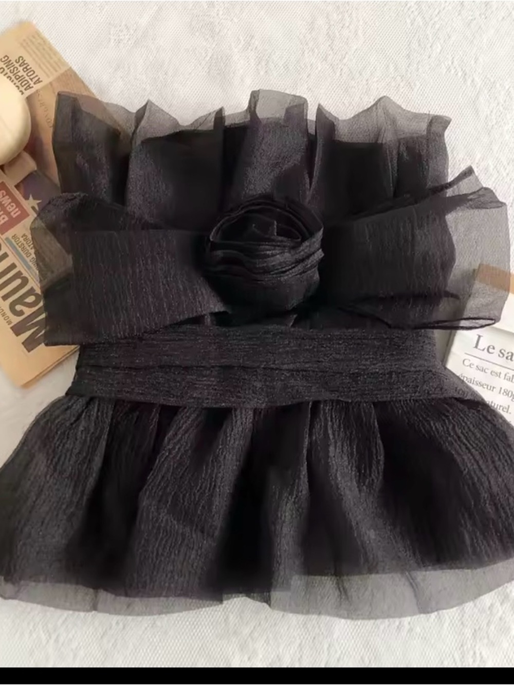 Black Organza Ruffled Waist Sash with Rosette